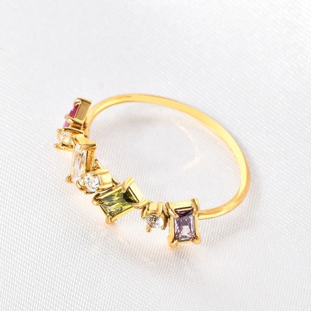 18k Gold Plated Stainless Steel Multicolor CZ Ring Rainbow Dainty Size 7